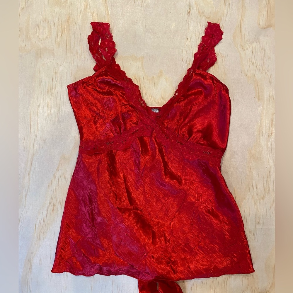 Vintage Red Lace-Trim Satin Tank